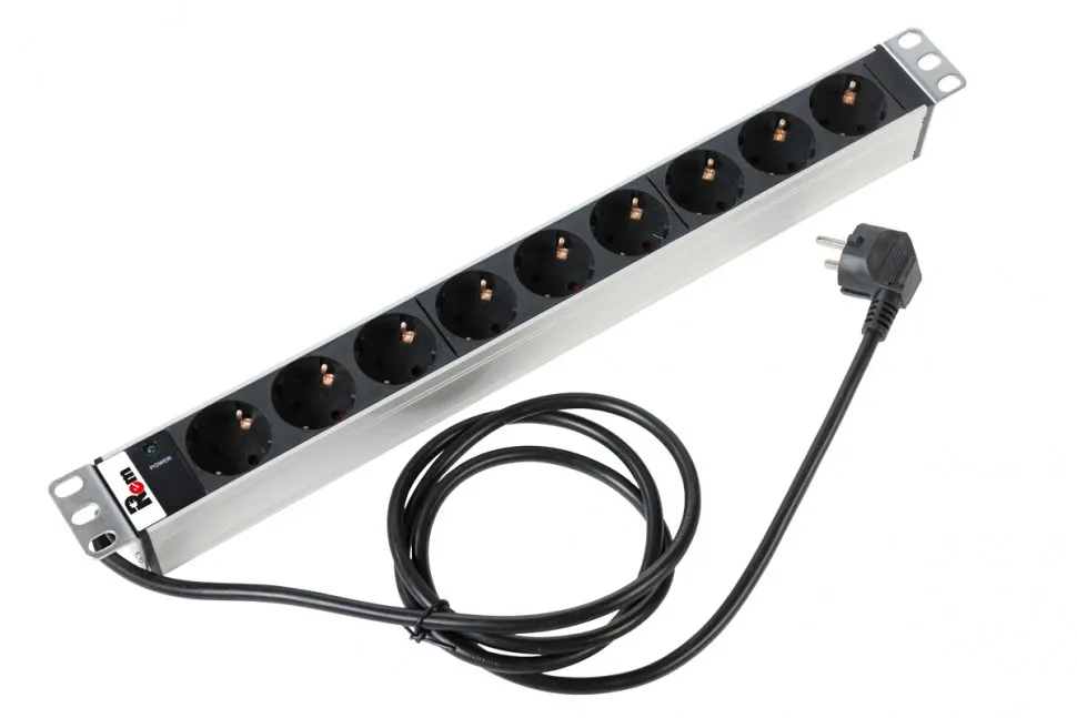 Блок розеток Rem-16 с инд., 9 розеток Schuko, 16A, алюм., 19", шнур 3м, Rem