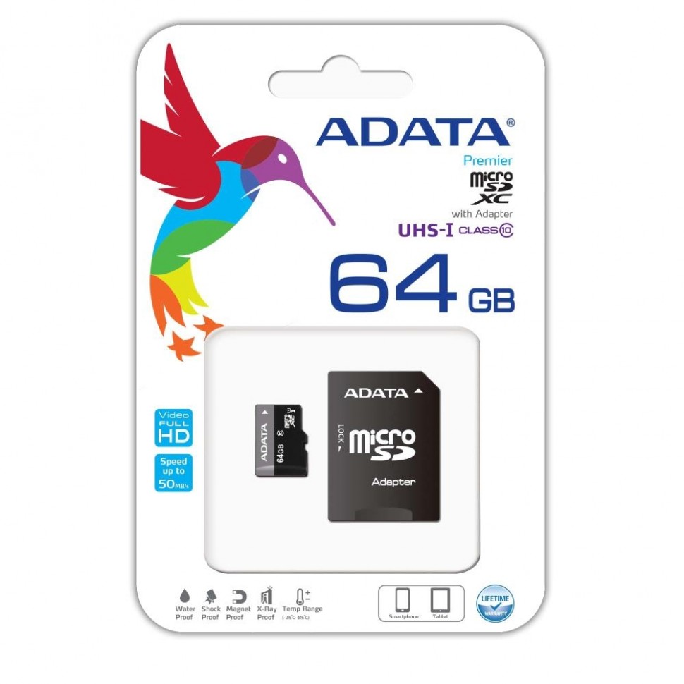 Карта памяти MICRO SDXC 64GB CLASS10 W/AD AUSDX64GUICL10-RA1 ADATA